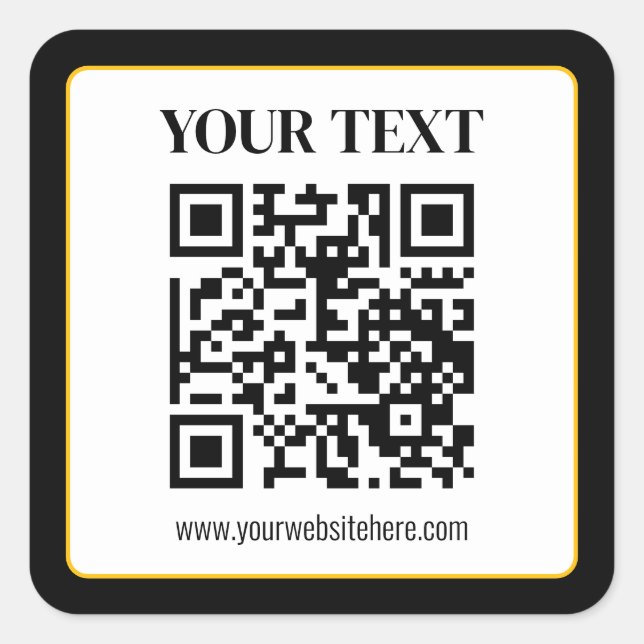 Business QR code w/Top & Bottom Text, Black & Gold Square Sticker (Front)