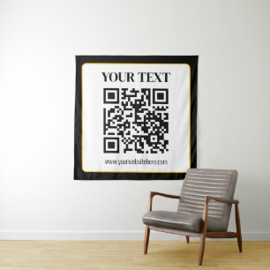 Business QR code w/Top & Bottom Text, Black & Gold Tapestry