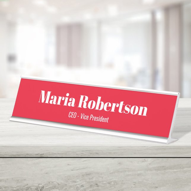 Business Red and White Simple Custom Desk Name Plate (Red and white simple business name plate. )