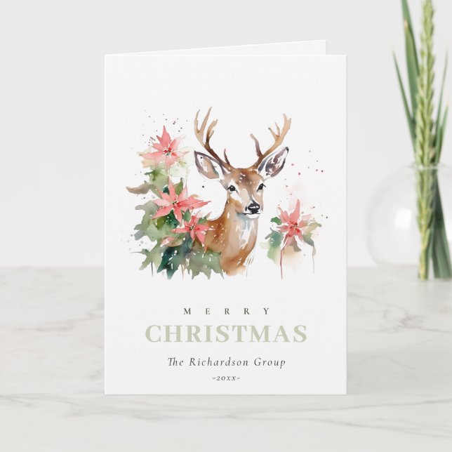 Business Reindeer Floral Christmas Corporate Logo Holiday Card (Front)