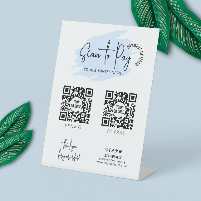 Business Scannable 2 QR Codes Light Blue Payment Pedestal Sign (Make modern payment signs for your business with this light blue watercolor pedestal sign design)