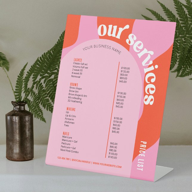 Business Services Price List Groovy Retro Pink Red Pedestal Sign (Trendy retro style beauty salon or spa price list menu sign with groovy fonts)