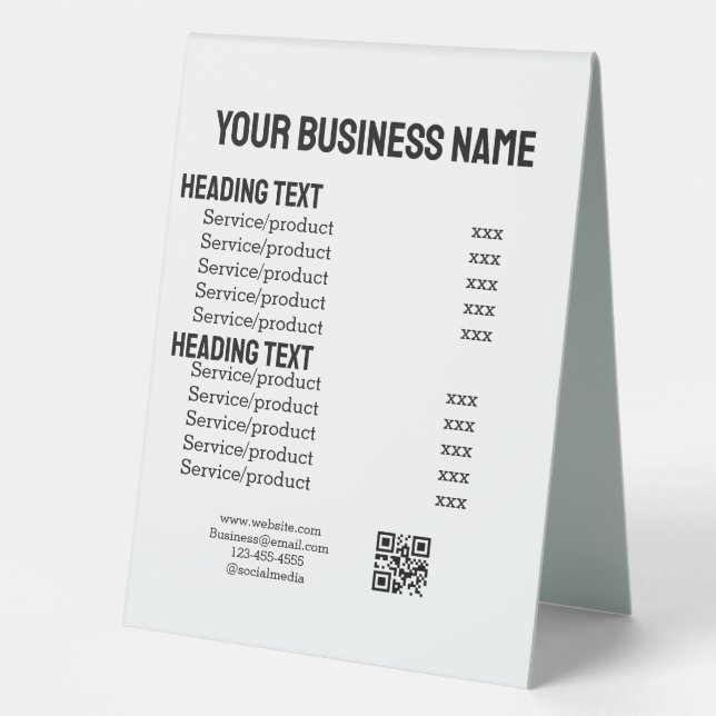 Business services products price list menu card  (Front)