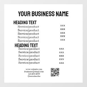 Business services products price list menu card