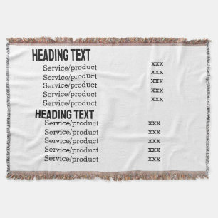 Business services products price list menu card throw blanket