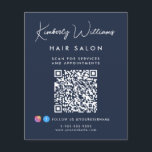 Business Signature Script QR Code Promotional Blue Flyer<br><div class="desc">Chic promotional blue flyer for your business featuring your name in a stylish white signature script and business type below in simple modern white lettering. Input your website address to create a QR code for customers and clients to scan for appointments, products, services, hours, etc. Add your instagram and facebook...</div>