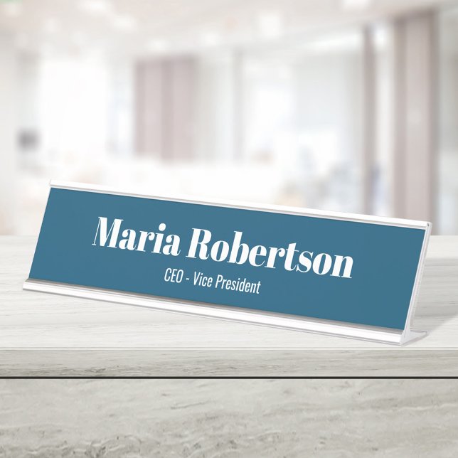 Business Simple Minimalist Blue Desk Name Plate (Blue and white custom business name and title plate. )