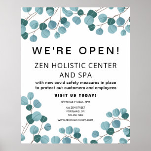 Business Spa Reopening Teal Black Botanical Poster