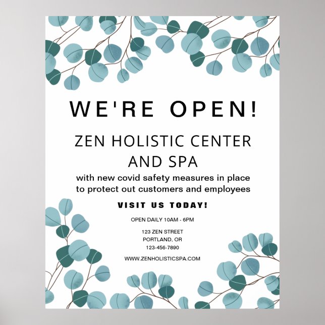 Business Spa Reopening Teal Black Botanical Poster (Front)