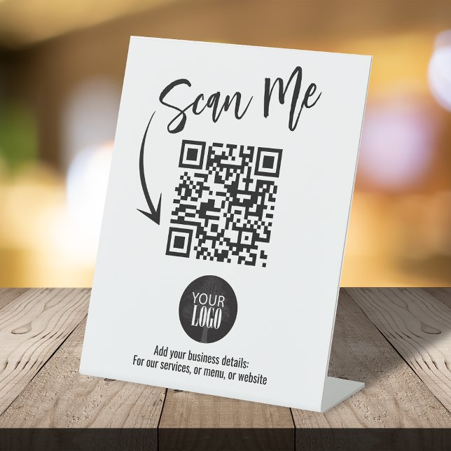 Business Tabletop QR Code Modern Logo Scan Me Pedestal Sign (Scan me business sign with QR Code and whimsical arrow)