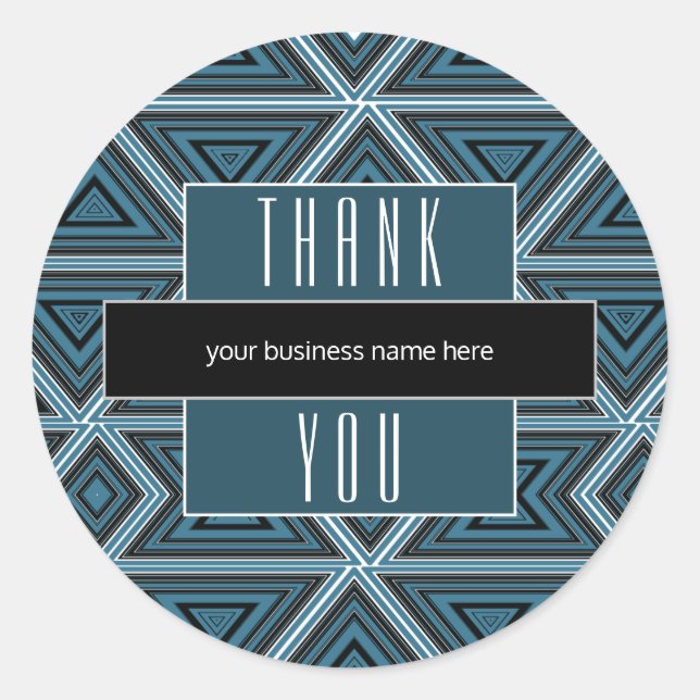 Business Thank You Blue Black Geometric Classic Round Sticker (Front)