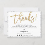 BUSINESS THANK YOU chic marble gold glitter script<br><div class="desc">by kat massard >>> WWW.SIMPLYSWEETPAPERIE.COM<<< Send and extra special THANK YOU message with style and pizzazz for your customers. Add your logo on the back and even had write a personal note - great, professional customer service that will keep them coming back! TIPS 1. To resize / reposition the photo...</div>