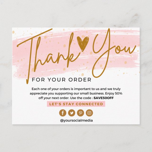 BUSINESS THANK YOU chic pink and gold script Postcard (Front)