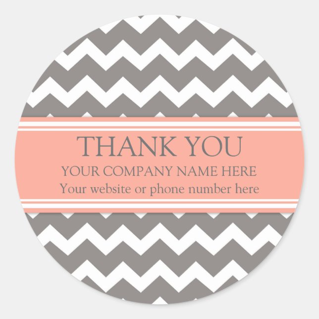 Business Thank You Company Name Coral Grey Chevron Classic Round Sticker (Front)