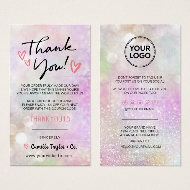 Business Thank You Discount Card Glitter Bokeh (Front & Back)
