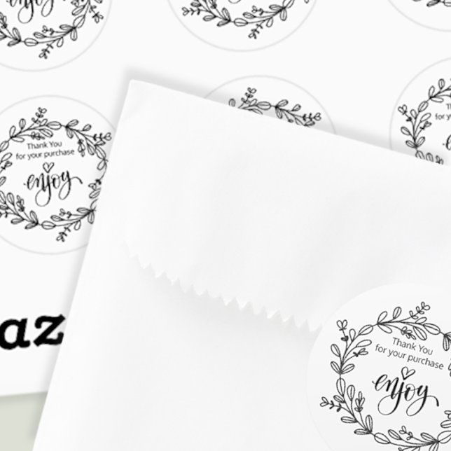 Business Thank You Doodled Wreath Black and White Classic Round Sticker (Creator Uploaded)