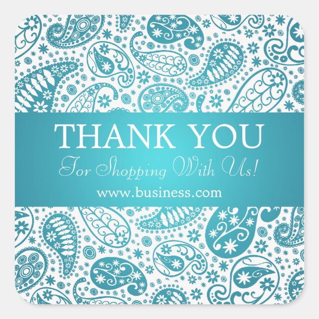 Business Thank You Fashion Paisley Turquoise Square Sticker (Front)