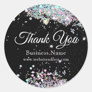 Business Thank You Holographic Glitter Black Classic Round Sticker
