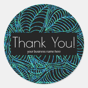 Business Thank You Leafy Botanical Blue Black Classic Round Sticker