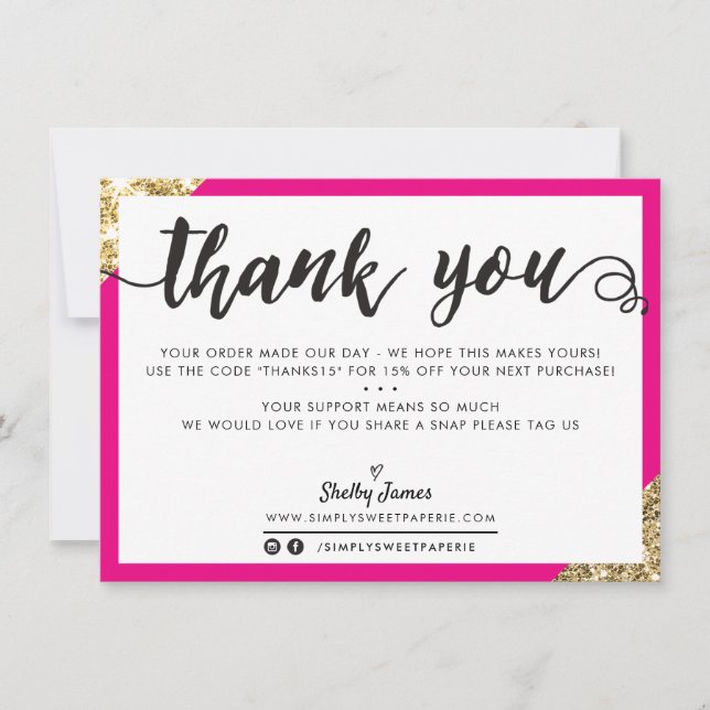 BUSINESS THANK YOU modern corner script pink gold Card (Front)