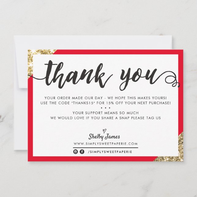 BUSINESS THANK YOU modern corner script red gold Card (Front)