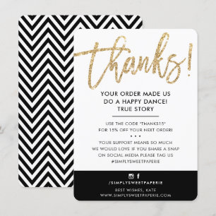 BUSINESS THANK YOU modern cute gold glitter black Card