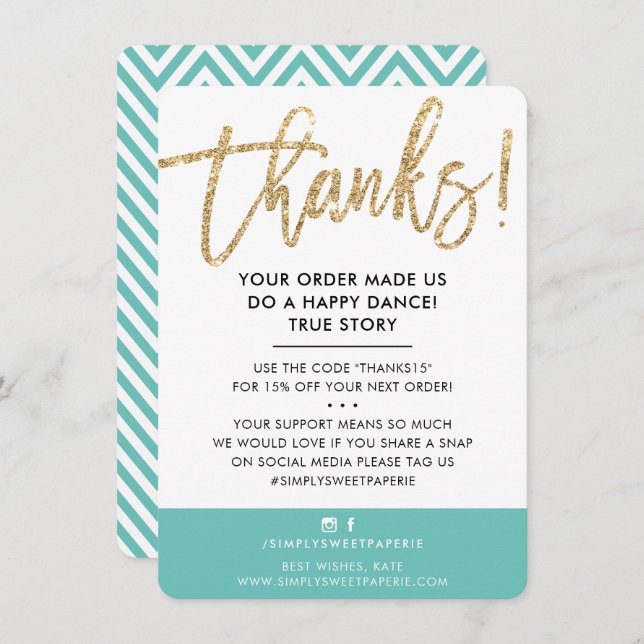 BUSINESS THANK YOU modern cute gold glitter mint (Front/Back)