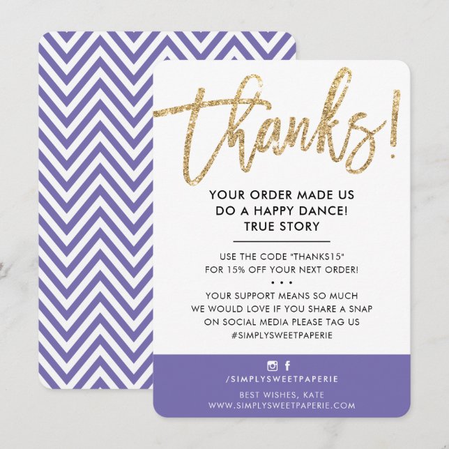 BUSINESS THANK YOU modern cute gold glitter purple (Front/Back)