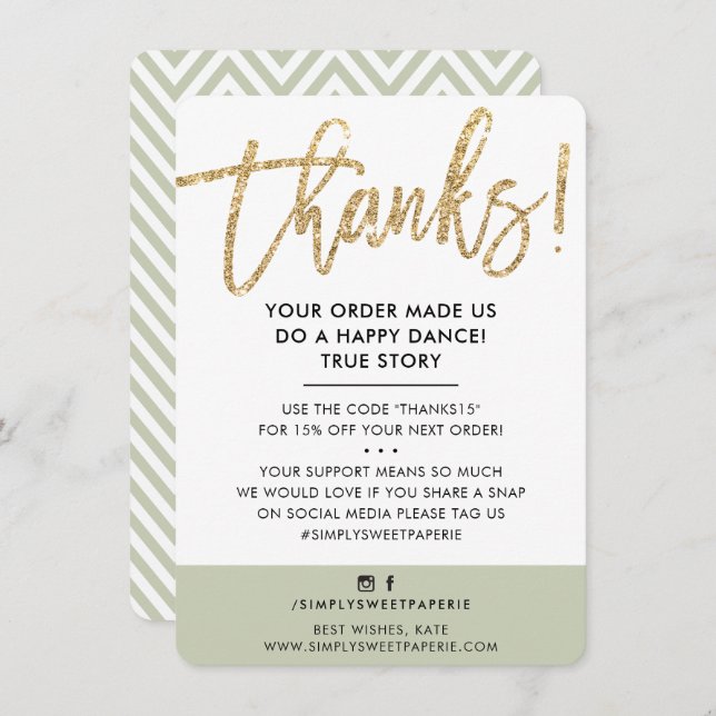 BUSINESS THANK YOU modern gold glitter sage green (Front/Back)