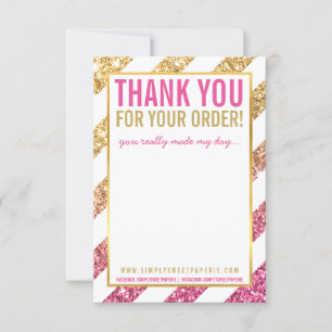 BUSINESS THANK YOU NOTE stripe gold pink glitter Invitation