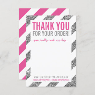 BUSINESS THANK YOU NOTE stripe silver glitter pink Invitation