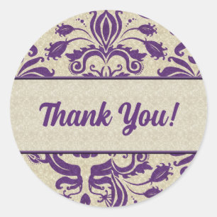 Business Thank You Purple and Taupe Damask Classic Round Sticker