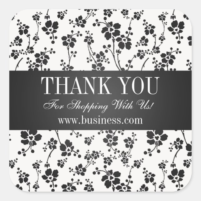 Business Thank You Salon Floral Black Square Sticker (Front)