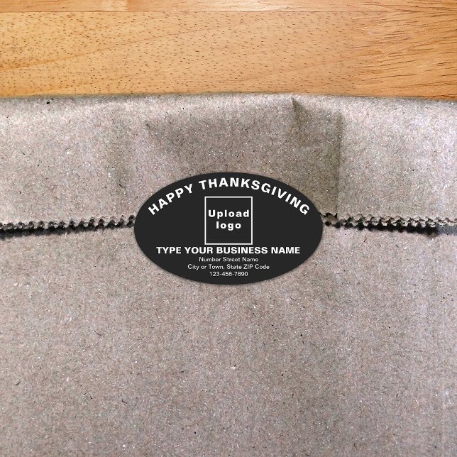 Business Thanksgiving Black Oval Sticker (Thanksgiving greeting with your business brand on black oval shape sticker.)
