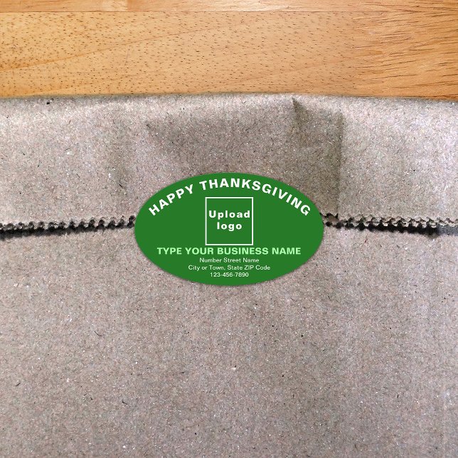 Business Thanksgiving Green Oval Sticker (Thanksgiving greeting with your business brand on green oval shape sticker.)