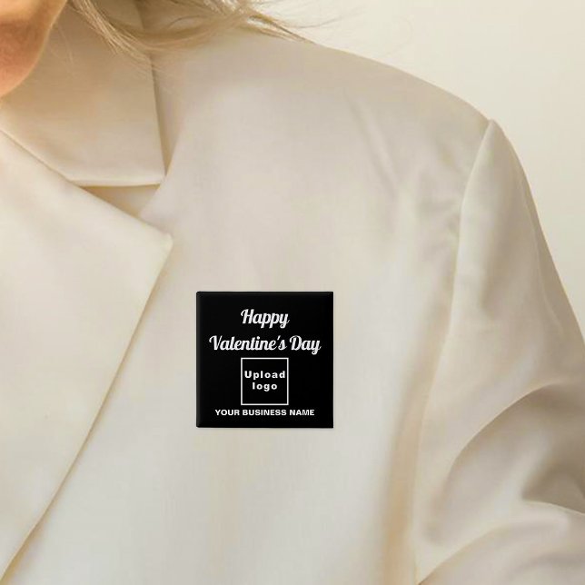 Business Valentine Greeting on Black Square Button (Business name and logo with Happy Valentine's Day greeting on black square button.)