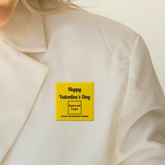 Business Valentine Greeting on Yellow Square 15 Cm Square Badge (Business name and logo with Happy Valentine's Day greeting on yellow square button.)
