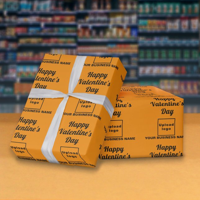 Business Valentine Orange Colour Wrapping Paper (Business name and logo with Happy Valentine's Day greeting on orange color wrapping paper in store.)