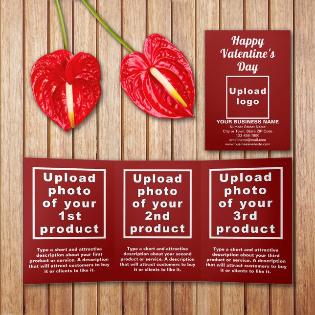 Business Valentine Red Trifold Card (Red Valentine trifold card with your business brand and products or services on table.)