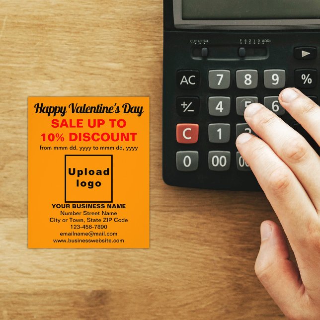 Business Valentine Sale on Orange Colour Flyer (Attract more customers. Business Valentine sale on orange color flyer on store desk.)