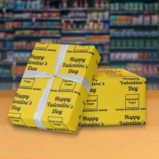 Business Valentine Yellow Wrapping Paper (Business name and logo with Happy Valentine's Day greeting on yellow wrapping paper in store.)