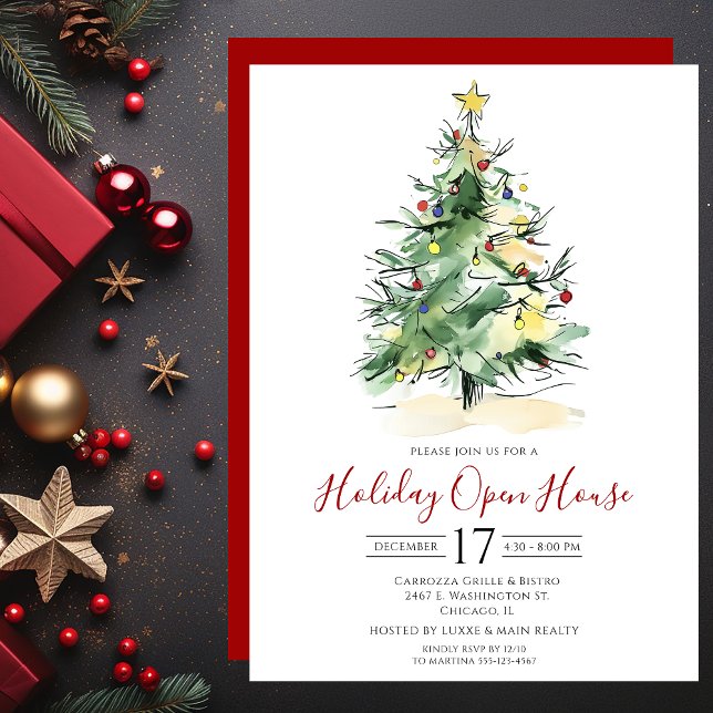 Business Watercolor Christmas Tree Open House Invitation (Creator Uploaded)