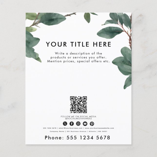 Business Watercolor Eucalyptus QR Code  Flyer (Front)