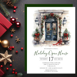 Business Watercolor Front Door Holiday Open House Invitation