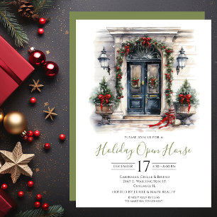 Business Watercolor Front Door Holiday Open House Invitation