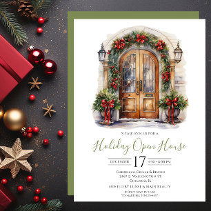 Business Watercolor Front Door Holiday Open House Invitation