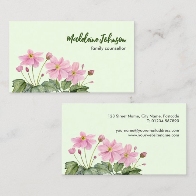 Business Watercolor Gentle Pink Japanese Anemone Card (Front/Back)