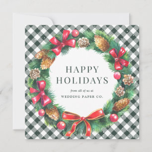 Business Watercolor Wreath Snow Green Plaid Holiday Card