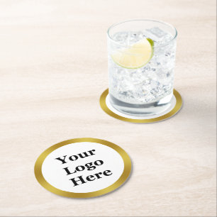 Business White and Gold Your Logo Here Round Paper Coaster