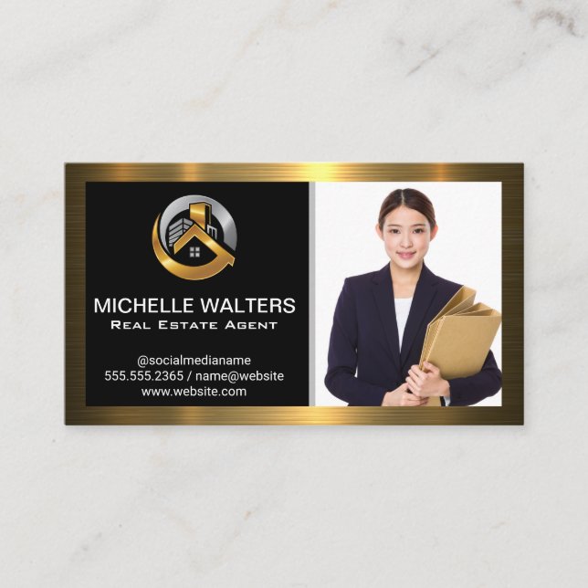 Business Woman | Gold Metallic Border Business Card (Front)